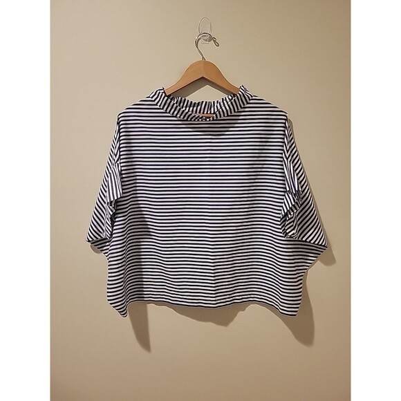 Gallego Desportes Twisted Collar Top Navy Blue Stripe Relaxed Boxy Nautical OS - Picture 4 of 9